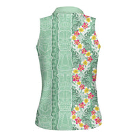 Menthol Green Aloha Hawaii Tiki Women Sleeveless Polo Shirt Tropical Plumeria - Seamless Style LT14 - Polynesian Pride