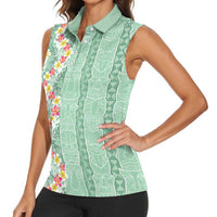 Menthol Green Aloha Hawaii Tiki Women Sleeveless Polo Shirt Tropical Plumeria - Seamless Style LT14 - Polynesian Pride