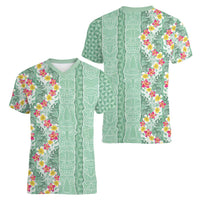 Menthol Green Aloha Hawaii Tiki Women V-Neck T-Shirt Tropical Plumeria - Seamless Style LT14 - Polynesian Pride