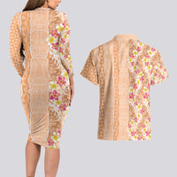 Orange Chiffon Aloha Hawaii Tiki Couples Matching Long Sleeve Bodycon Dress and Hawaiian Shirt Tropical Plumeria - Seamless Style LT14 - Polynesian Pride