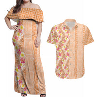 Orange Chiffon Aloha Hawaii Tiki Couples Matching Off Shoulder Maxi Dress and Hawaiian Shirt Tropical Plumeria - Seamless Style LT14 Orange - Polynesian Pride
