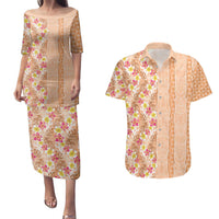 Orange Chiffon Aloha Hawaii Tiki Couples Matching Puletasi and Hawaiian Shirt Tropical Plumeria - Seamless Style LT14 Orange - Polynesian Pride