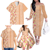 Orange Chiffon Aloha Hawaii Tiki Family Matching Off The Shoulder Long Sleeve Dress and Hawaiian Shirt Tropical Plumeria - Seamless Style LT14 - Polynesian Pride