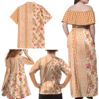 Orange Chiffon Aloha Hawaii Tiki Family Matching Off Shoulder Maxi Dress and Hawaiian Shirt Tropical Plumeria - Seamless Style LT14 - Polynesian Pride