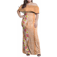 Orange Chiffon Aloha Hawaii Tiki Family Matching Off Shoulder Maxi Dress and Hawaiian Shirt Tropical Plumeria - Seamless Style LT14 Mom's Dress Orange - Polynesian Pride