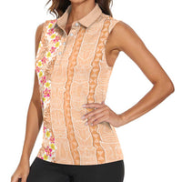 Orange Chiffon Aloha Hawaii Tiki Women Sleeveless Polo Shirt Tropical Plumeria - Seamless Style LT14 - Polynesian Pride