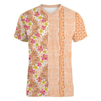 Orange Chiffon Aloha Hawaii Tiki Women V-Neck T-Shirt Tropical Plumeria - Seamless Style LT14 Female Orange - Polynesian Pride