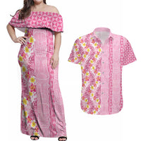 Pastel Magenta Aloha Hawaii Tiki Couples Matching Off Shoulder Maxi Dress and Hawaiian Shirt Tropical Plumeria - Seamless Style LT14 Magenta - Polynesian Pride