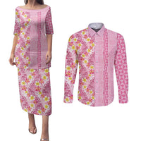 Pastel Magenta Aloha Hawaii Tiki Couples Matching Puletasi and Long Sleeve Button Shirt Tropical Plumeria - Seamless Style LT14 Magenta - Polynesian Pride