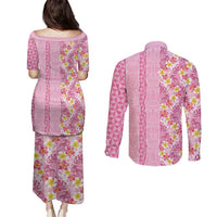 Pastel Magenta Aloha Hawaii Tiki Couples Matching Puletasi and Long Sleeve Button Shirt Tropical Plumeria - Seamless Style LT14 - Polynesian Pride