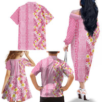 Pastel Magenta Aloha Hawaii Tiki Family Matching Off The Shoulder Long Sleeve Dress and Hawaiian Shirt Tropical Plumeria - Seamless Style LT14 - Polynesian Pride