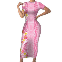 Pastel Magenta Aloha Hawaii Tiki Short Sleeve Bodycon Dress Tropical Plumeria - Seamless Style LT14 Long Dress Magenta - Polynesian Pride