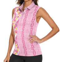 Pastel Magenta Aloha Hawaii Tiki Women Sleeveless Polo Shirt Tropical Plumeria - Seamless Style LT14 - Polynesian Pride