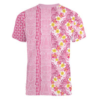 Pastel Magenta Aloha Hawaii Tiki Women V-Neck T-Shirt Tropical Plumeria - Seamless Style LT14 - Polynesian Pride