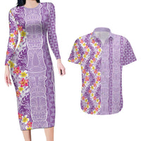 Lush Lilac Aloha Hawaii Tiki Couples Matching Long Sleeve Bodycon Dress and Hawaiian Shirt Tropical Plumeria - Seamless Style LT14 Purple - Polynesian Pride