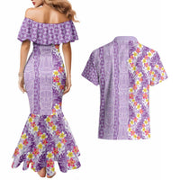 Lush Lilac Aloha Hawaii Tiki Couples Matching Mermaid Dress and Hawaiian Shirt Tropical Plumeria - Seamless Style LT14 - Polynesian Pride