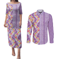 Lush Lilac Aloha Hawaii Tiki Couples Matching Puletasi and Long Sleeve Button Shirt Tropical Plumeria - Seamless Style LT14 Purple - Polynesian Pride