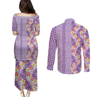 Lush Lilac Aloha Hawaii Tiki Couples Matching Puletasi and Long Sleeve Button Shirt Tropical Plumeria - Seamless Style LT14 - Polynesian Pride