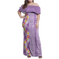 Lush Lilac Aloha Hawaii Tiki Family Matching Off Shoulder Maxi Dress and Hawaiian Shirt Tropical Plumeria - Seamless Style LT14 Mom's Dress Purple - Polynesian Pride