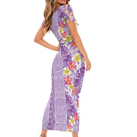 Lush Lilac Aloha Hawaii Tiki Short Sleeve Bodycon Dress Tropical Plumeria - Seamless Style LT14 - Polynesian Pride