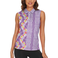 Lush Lilac Aloha Hawaii Tiki Women Sleeveless Polo Shirt Tropical Plumeria - Seamless Style LT14 - Polynesian Pride