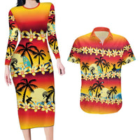 Tropical Islands Sunset Hawaii Couples Matching Long Sleeve Bodycon Dress and Hawaiian Shirt Go Surfing With Hula Girl - Summer Vibes LT14 Red - Polynesian Pride