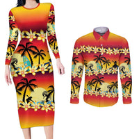 Tropical Islands Sunset Hawaii Couples Matching Long Sleeve Bodycon Dress and Long Sleeve Button Shirt Go Surfing With Hula Girl - Summer Vibes LT14 Red - Polynesian Pride