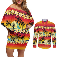 Tropical Islands Sunset Hawaii Couples Matching Off Shoulder Short Dress and Long Sleeve Button Shirt Go Surfing With Hula Girl - Summer Vibes LT14 Red - Polynesian Pride