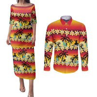 Tropical Islands Sunset Hawaii Couples Matching Puletasi and Long Sleeve Button Shirt Go Surfing With Hula Girl - Summer Vibes LT14 Red - Polynesian Pride