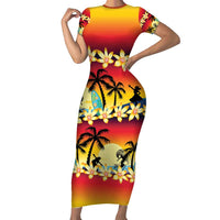 Tropical Islands Sunset Hawaii Family Matching Short Sleeve Bodycon Dress and Hawaiian Shirt Go Surfing With Hula Girl - Summer Vibes LT14 Mom's Dress Red - Polynesian Pride