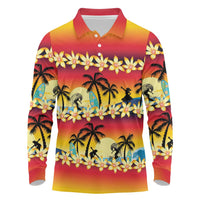 Tropical Islands Sunset Hawaii Long Sleeve Polo Shirt Go Surfing With Hula Girl - Summer Vibes LT14 Red - Polynesian Pride
