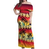Tropical Islands Sunset Hawaii Off Shoulder Maxi Dress Go Surfing With Hula Girl - Summer Vibes LT14 Women Red - Polynesian Pride
