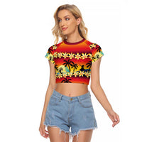 Tropical Islands Sunset Hawaii Raglan Cropped T Shirt Go Surfing With Hula Girl - Summer Vibes LT14 Female Red - Polynesian Pride