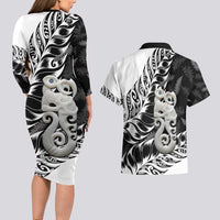 Aotearoa Manaia NZ Maori Silver Fern Couples Matching Long Sleeve Bodycon Dress and Hawaiian Shirt LT14 - Polynesian Pride