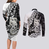 Aotearoa Manaia NZ Maori Silver Fern Couples Matching Long Sleeve Bodycon Dress and Long Sleeve Button Shirt LT14 - Polynesian Pride