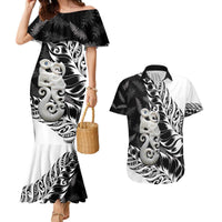 Aotearoa Manaia NZ Maori Silver Fern Couples Matching Mermaid Dress and Hawaiian Shirt LT14 Black - Polynesian Pride