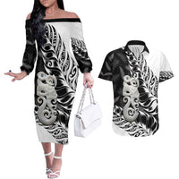 Aotearoa Manaia NZ Maori Silver Fern Couples Matching Off The Shoulder Long Sleeve Dress and Hawaiian Shirt LT14 Black - Polynesian Pride