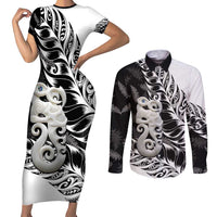 Aotearoa Manaia NZ Maori Silver Fern Couples Matching Short Sleeve Bodycon Dress and Long Sleeve Button Shirt LT14 Black - Polynesian Pride