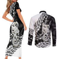 Aotearoa Manaia NZ Maori Silver Fern Couples Matching Short Sleeve Bodycon Dress and Long Sleeve Button Shirt LT14 - Polynesian Pride