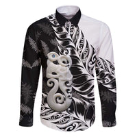 Aotearoa Manaia NZ Maori Silver Fern Family Matching Off The Shoulder Long Sleeve Dress and Hawaiian Shirt LT14 Dad's Shirt - Long Sleeve Black - Polynesian Pride