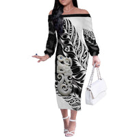 Aotearoa Manaia NZ Maori Silver Fern Family Matching Off The Shoulder Long Sleeve Dress and Hawaiian Shirt LT14 Mom's Dress Black - Polynesian Pride