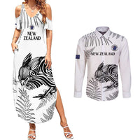 Custom New Zealand Kiwi Football Couples Matching Summer Maxi Dress and Long Sleeve Button Shirt Aotearoa Silver Fern LT14 White - Polynesian Pride