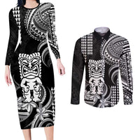 Hawaii Ku God Couples Matching Long Sleeve Bodycon Dress and Long Sleeve Button Shirt Kakau Mix Polynesian Tattoo LT14 Black - Polynesian Pride