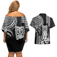 Hawaii Ku God Couples Matching Off Shoulder Short Dress and Hawaiian Shirt Kakau Mix Polynesian Tattoo LT14 - Polynesian Pride