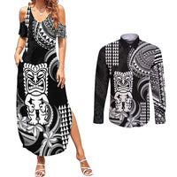 Hawaii Ku God Couples Matching Summer Maxi Dress and Long Sleeve Button Shirt Kakau Mix Polynesian Tattoo LT14 Black - Polynesian Pride