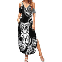 Hawaii Ku God Family Matching Summer Maxi Dress and Hawaiian Shirt Kakau Mix Polynesian Tattoo LT14 Mom's Dress Black - Polynesian Pride