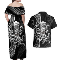 Black Hawaii Kanaloa God Couples Matching Off Shoulder Maxi Dress and Hawaiian Shirt Hawaiian Octopus LT14 - Polynesian Pride