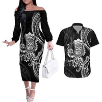Black Hawaii Kanaloa God Couples Matching Off The Shoulder Long Sleeve Dress and Hawaiian Shirt Hawaiian Octopus LT14 Black - Polynesian Pride