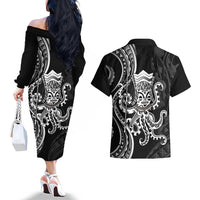 Black Hawaii Kanaloa God Couples Matching Off The Shoulder Long Sleeve Dress and Hawaiian Shirt Hawaiian Octopus LT14 - Polynesian Pride