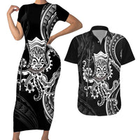 Black Hawaii Kanaloa God Couples Matching Short Sleeve Bodycon Dress and Hawaiian Shirt Hawaiian Octopus LT14 Black - Polynesian Pride